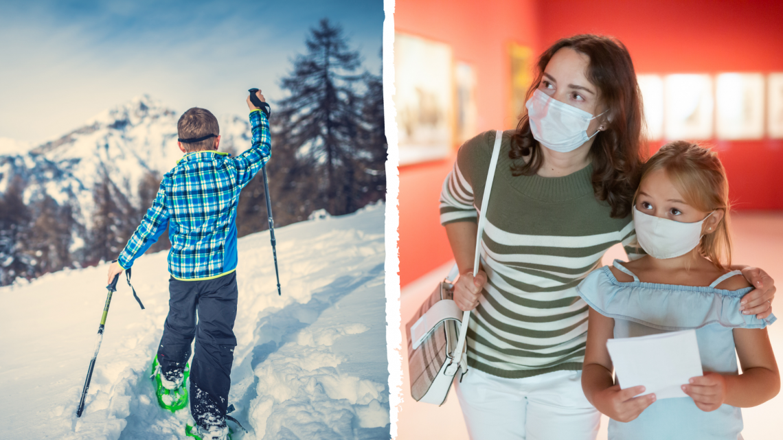 image of kid snoeshoeing beside image of mom and daughter wearing facemasks at museum