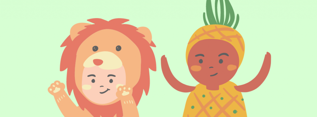 kid in lion costume with kid in pineapple costume