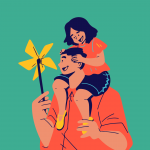 daughter on dad's shoulders, both smiling