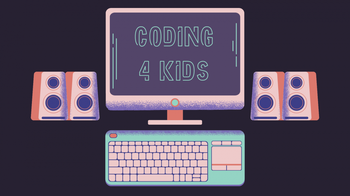 computer monitor that reads "coding 4 kids", keyboard, and speakers